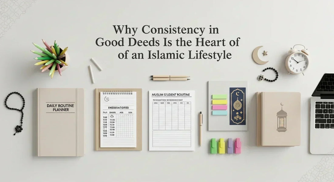 Stationery items on a desk with text about consistency in good deeds.