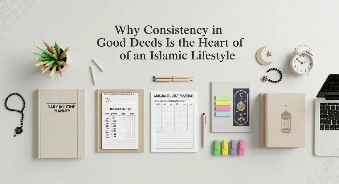 Stationery items on a desk with text about consistency in good deeds.